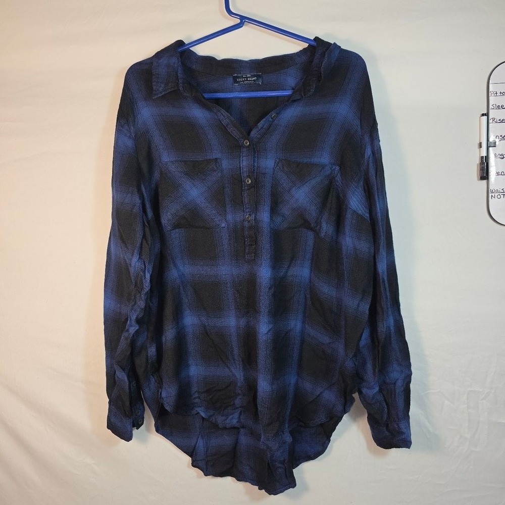 Lucky Brand Plaid Shirt Womens L Blue Black Good Henley High-Low Button Up W606